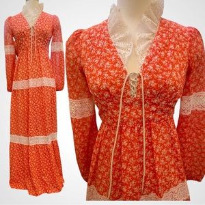 70s Corset Prairie Peasant Red Milkmaid Ditsy Floral Maxi Dress Vintage Gown